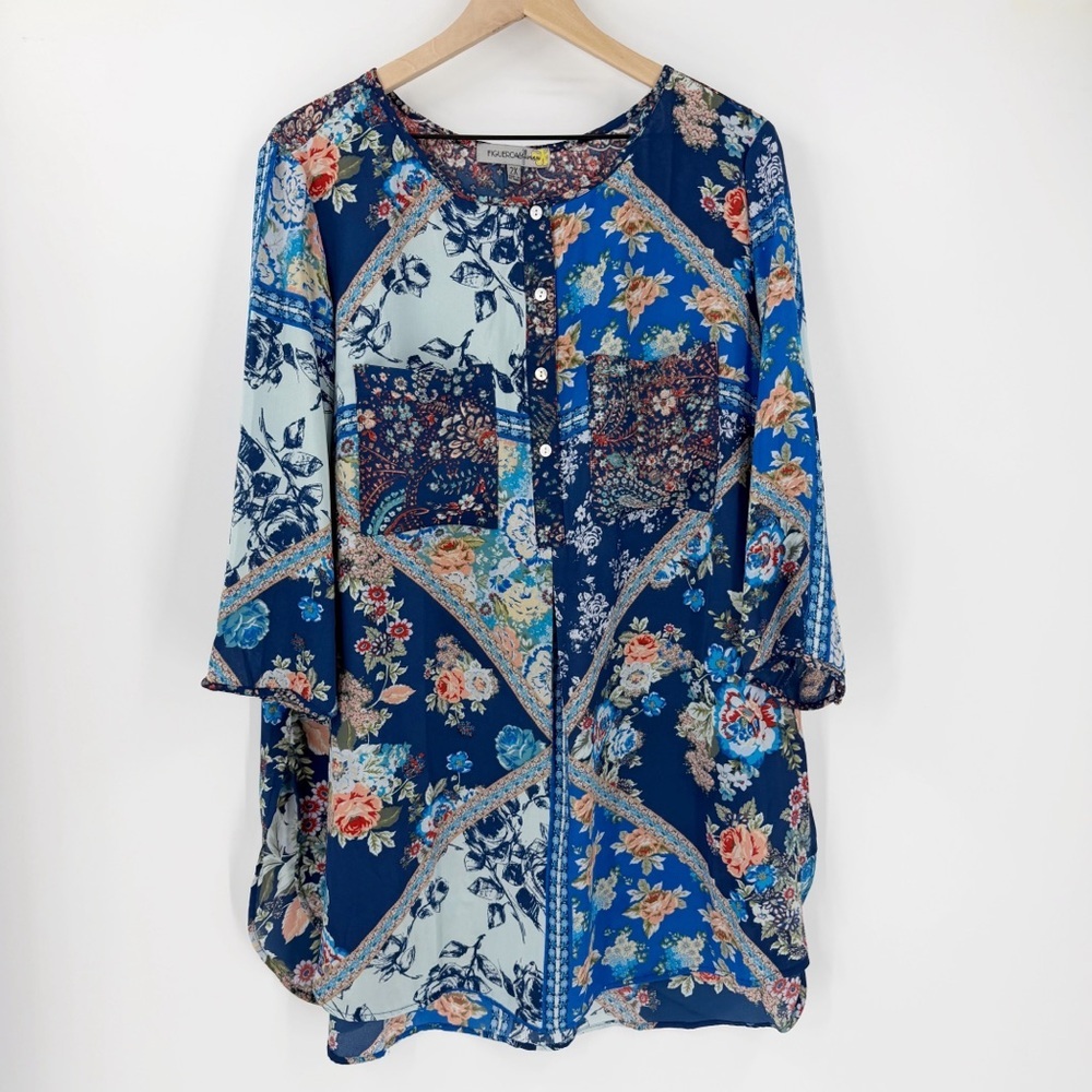 Fig & Flower Blue Floral Mixed Print Lightweight Tunic Top 2X Boho Spring Garden